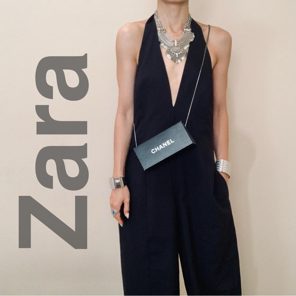 Zara Black Deep-V Halter Jumpsuit